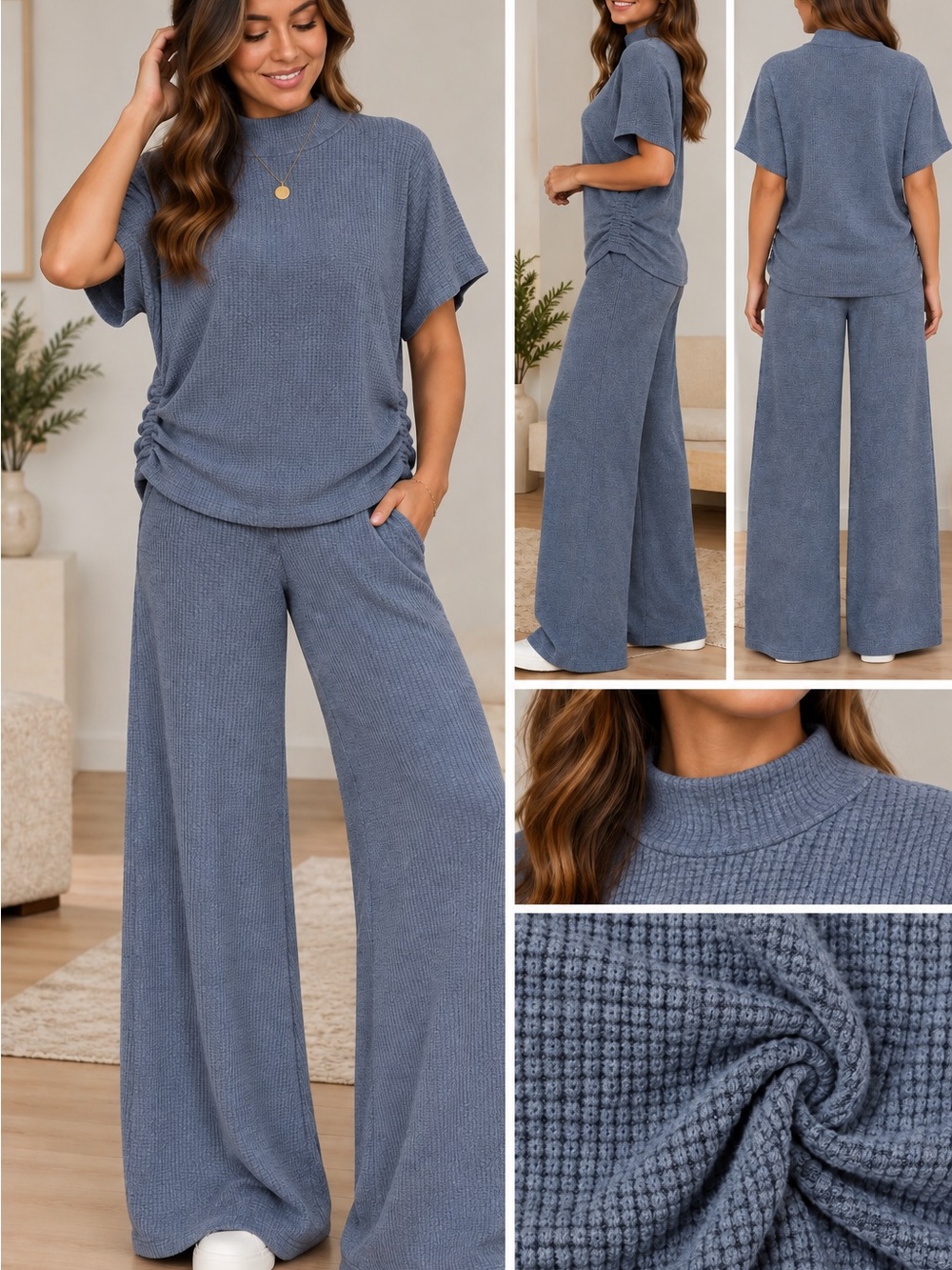 Zenana , Cozy Soft Waffle Knit Wide-Leg Pants Set - Dusty Blue